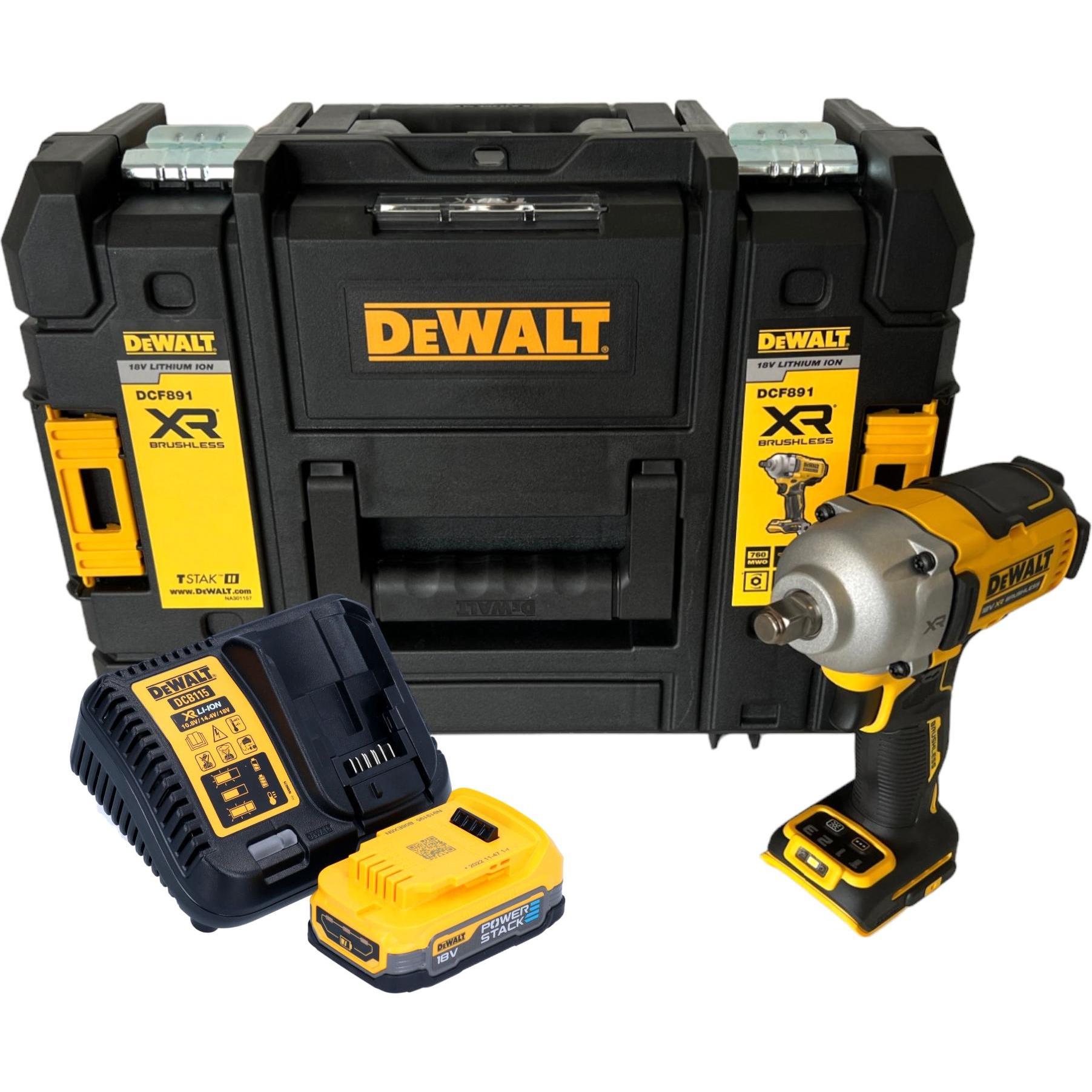 Thumbnail - DeWalt, Bohrmaschine + Akkuschrauber, DCF 891 E1T Akku Schlagschrauber 18 V 1084 Nm 1/2" Brushless + 1x Powerstack Akku ...