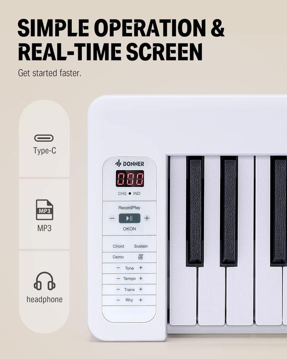 Produktbild Donner Faltbares 61-Tasten-Piano für Anfänger mit tragbarer Tasche, App-Anbindung und langer Akkulaufzeit (61 Tasten)