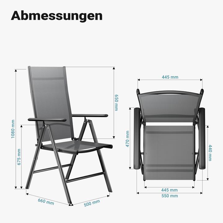 Produktbild Wiltec Gartenstuhl bis 120kg 2er Set Grau klappbar Hochlehner Klappstuhl Stuhl