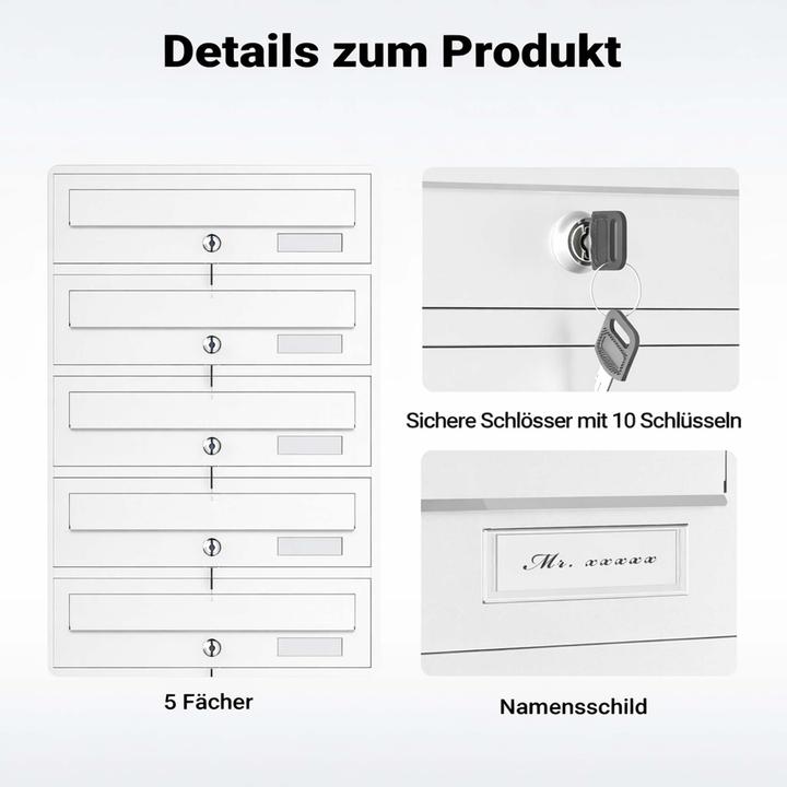 Produktbild Wiltec 5er Briefkastenanlage weiss 270x513x1500mm Standbriefkasten Briefkasten