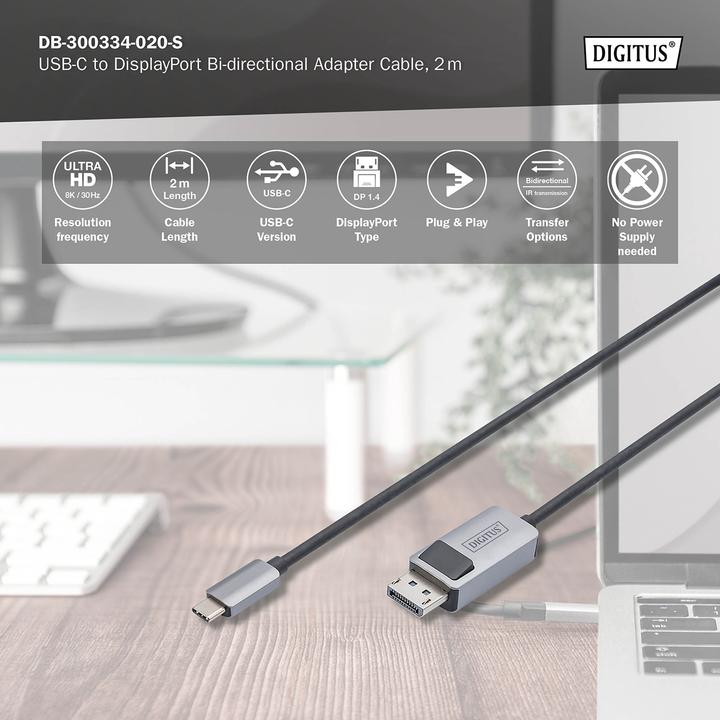 Actual product image Digitus USB Type-C Adapter Cable, USB Type-C to DP (2 m, USB Type C, 1.4)
