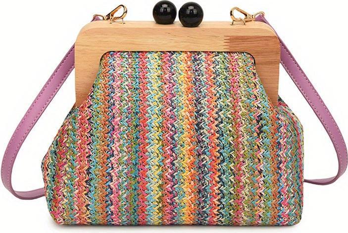 Immagine prodotto Only-Bags.Store Borsa crossbody vintage intrecciata, pochette a conchiglia a righe colorate, chiusura a scatto in