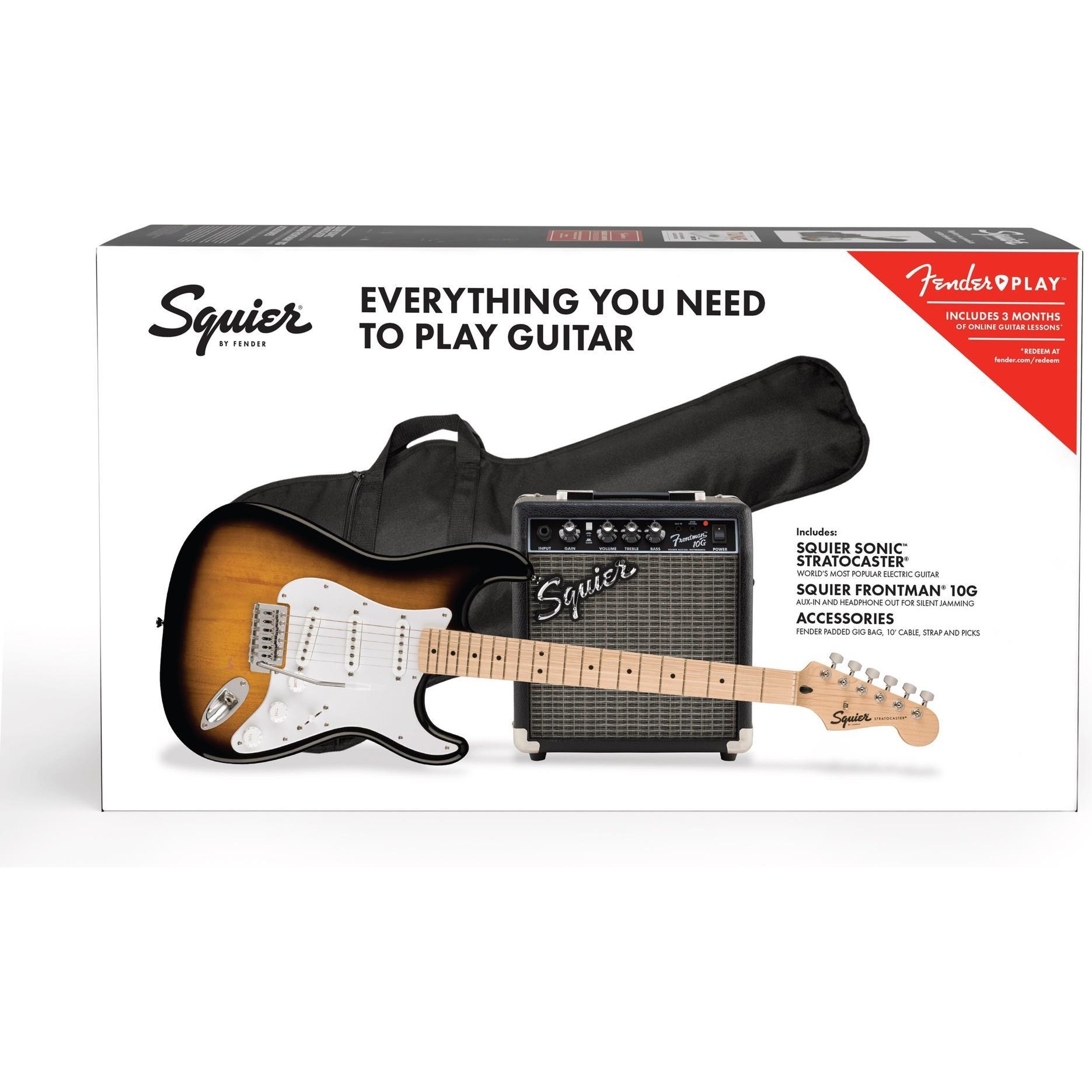 Squier Sonic Stratocaster Pack MN 2-Colour Sunburst - set di avviamento per chitarra elettrica, Chitarra, Multicolore