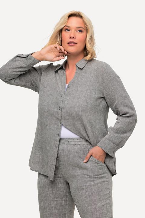 Actual product image Ulla Popken Roll-Tab Sleeve Button Front Linen Blouse (54, 56)