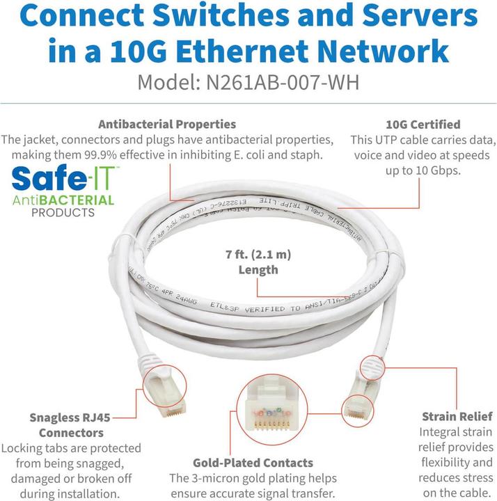 Actual product image Eaton Safe-IT Cat6a 10G Certified Snagless Antibacterial UTP Ethernet Cable RJ45 M/M White (U/UTP, CAT6a, 2.13 m)