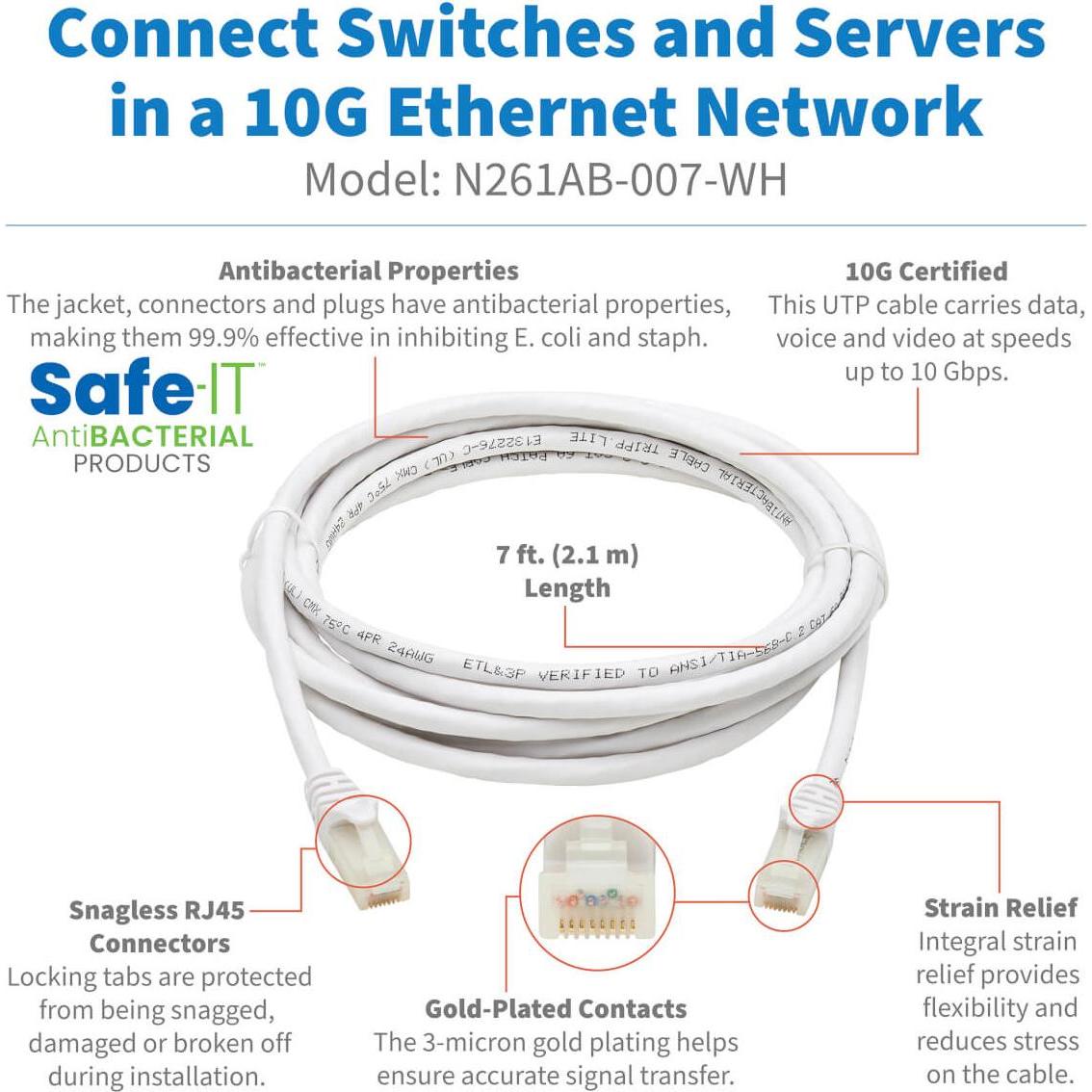 Thumbnail - Eaton Safe-IT Cat6a 10G Certified Snagless Antibacterial UTP Ethernet Cable RJ45 M/M White (U/UTP, CAT6a, 2.10 m), Netzw...