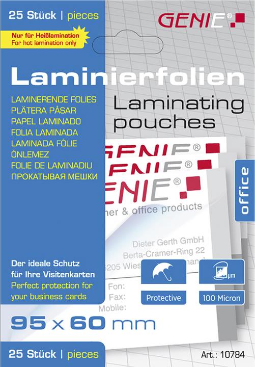 Produktbild Genie Laminiertaschen 25 im Visitenkartenformat - Folien (95 x 60 mm, 25 Stück, 100 µm)