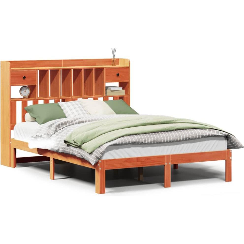 VidaXL, Bett, Massivholzbett Holzbett Bett mit Regal ohne Matratze Wachsbraun 135x190cm (135 x 190 cm)