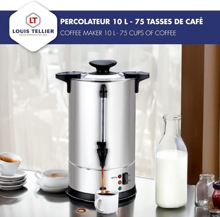 Actual product image Louis Tellier Professional Stainless Steel Percolator 10L Capacity 75 Cups Drainer Tap