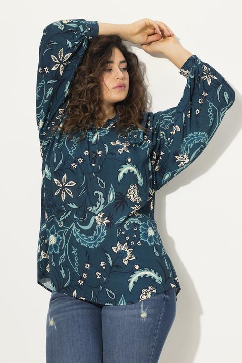 Image du produit Ulla Popken Blouse à manches longues, encolure en V et col montant smocké. Coupe évasée. (50, 52)