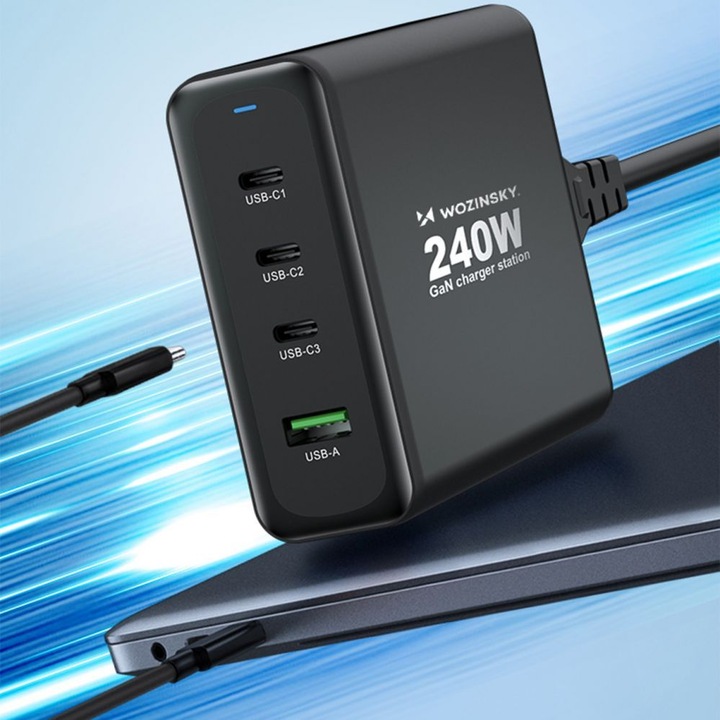 Produktbild Wozinsky WGCSB 240W GaN-Wandladegerät USB-A / 3 x USB-C - Schwarz (240 W)