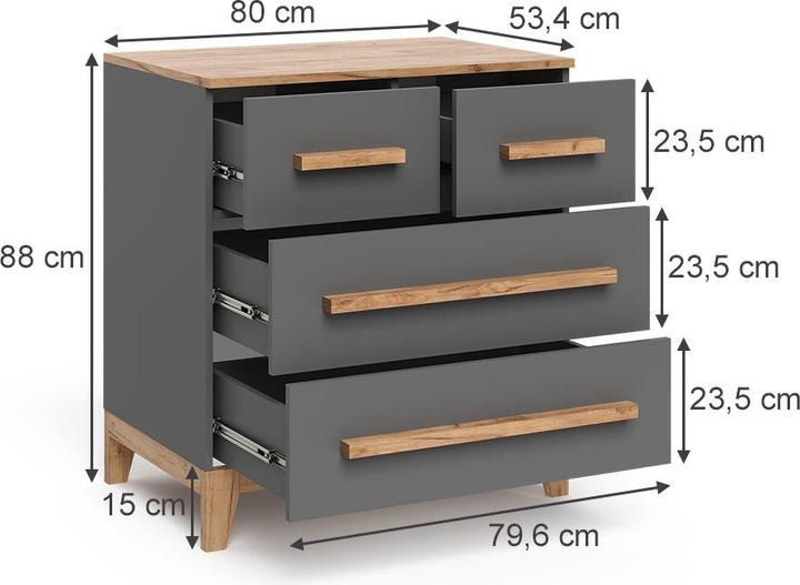Image du produit VitaliSpa Kommode Malia, Grau/Artisan/Artisan, 80 x 88 cm mit 4 Schubladen (80 x 53.40 x 88 cm)