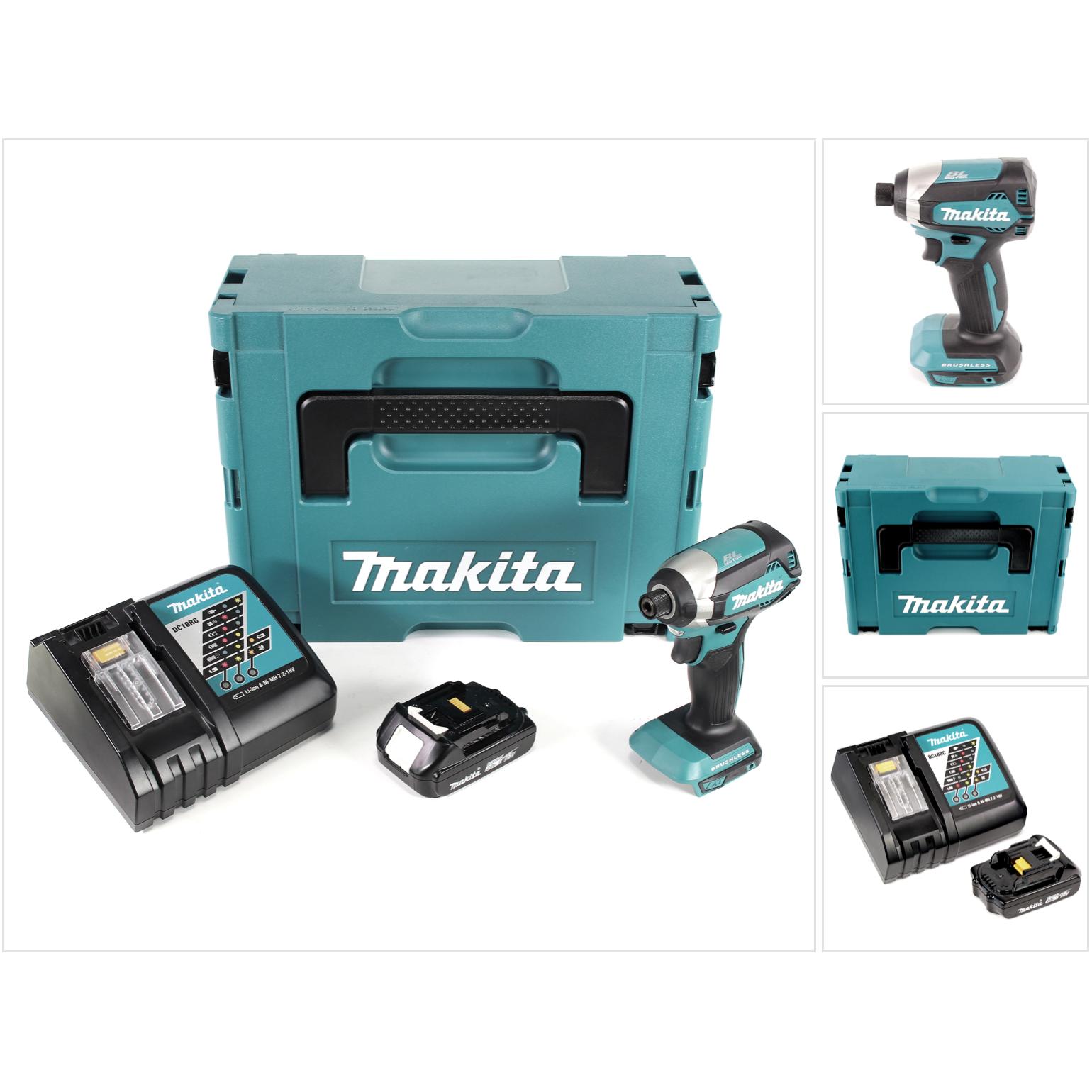 Makita, Bohrmaschine + Akkuschrauber, DTD 153 RA1J Akku Schlagschrauber 18 V 170 Nm 1/4" Brushless + 1x Akku 2,0 Ah + La...