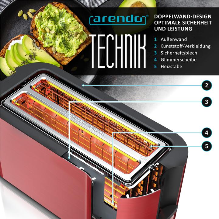 Produktbild Arendo 4 Scheiben Toaster Langschlitz Edelstahl, Doppelwand, Brötchenaufsatz, Display mit Restzeitanzeige