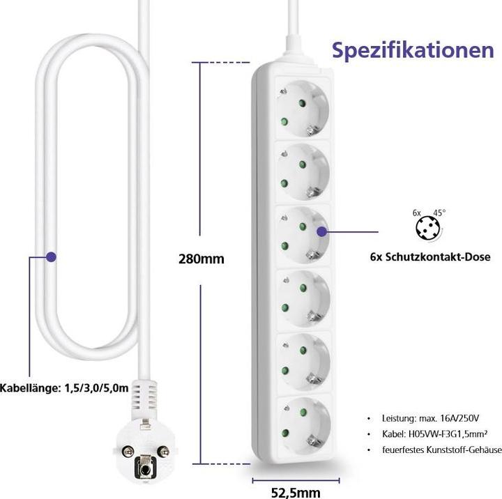 Actual product image Helos CLASSIC socket strip, 6-way, white, 3.0m, without switch (6x, CEE 7/3, 3 m)