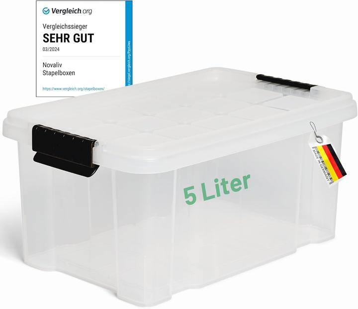 Novaliv Aufbewahrungsbox mit Deckel 5L transparente Nestbar stapelbare Plastikbox mit Clipverschluss (19 cm, 5 l, 1x)