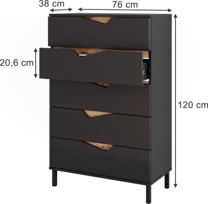 Image du produit Vicco Kommode Marelle, Anthrazit/Artisan, 76 x 120 cm mit 5 Schubladen (76 x 38 x 120 cm)