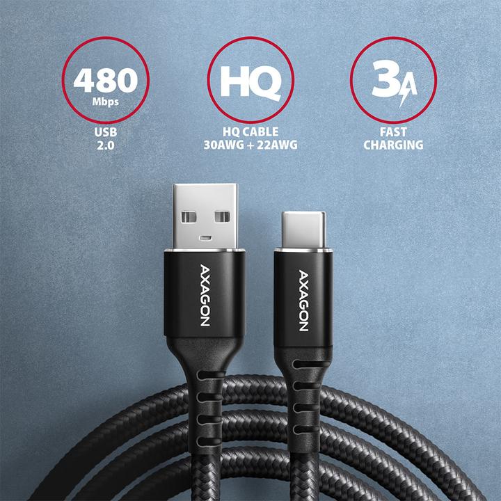 Produktbild Axagon BUCM-AM20AB USB-C zu USB-A Kabel, 2 m, USB 2.0, 3A, geflochten - schwarz (2 m, USB 2.0, 5 W)