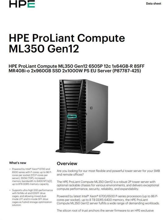 Actual product image HP HPE PL ML350g12 6505P (2.2/12C) 1x64G (P69728) 2x960G MR408i-o 8SFF 2x1000W 1GbE NBD333 Smart Choice (64 GB, Tower Server)