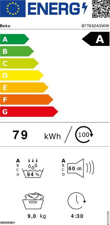 Energie-Label Beko B7T692A3WW Wärmepumpentrockner 9kg (9 kg, Links)