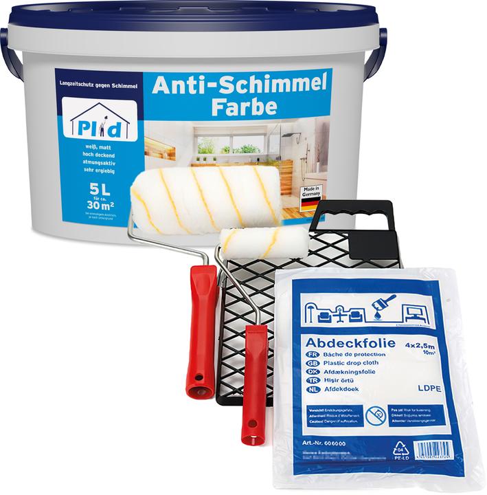 Produktbild Plid Anti-Schimmelfarbe 5l + Anstreichset, für ca. 30m² / Schimmelschutzfarbe (Weiss, 5 l)