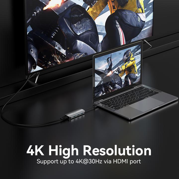 Actual product image Vention USB-C to HDMI/USB 3.0x3/SD/TF/PD Docking Station Gray 0.15M Aluminum Alloy Type (USB-C, 7 ports)