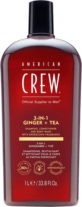 Immagine prodotto American Crew Shampoo, balsamo e lavaggio corpo 3 in 1 allo zenzero e al tè (1000 ml, Shampoo liquido)