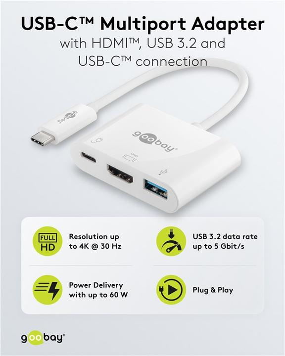 Immagine prodotto Goobay USB-C™ Multiport Adapter HDMI, bianco, 0,15 m (USB-C, 3 porte)