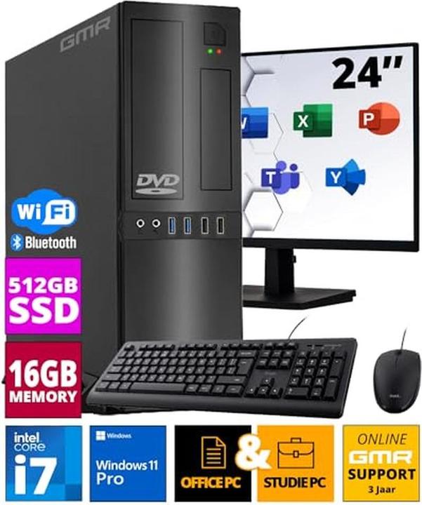 Actual product image GMR Komplettes Office-PC-Set mit 24-Zoll-HD-Monitor, Intel i7, 16 GB RAM, 512 GB SSD, Windows 11 Pro (16.38 GB, 512 GB, UHD Graphics 770)