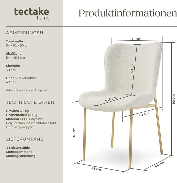 Produktbild tectake 4er Set Polsterstuhl Tessa Bouclé