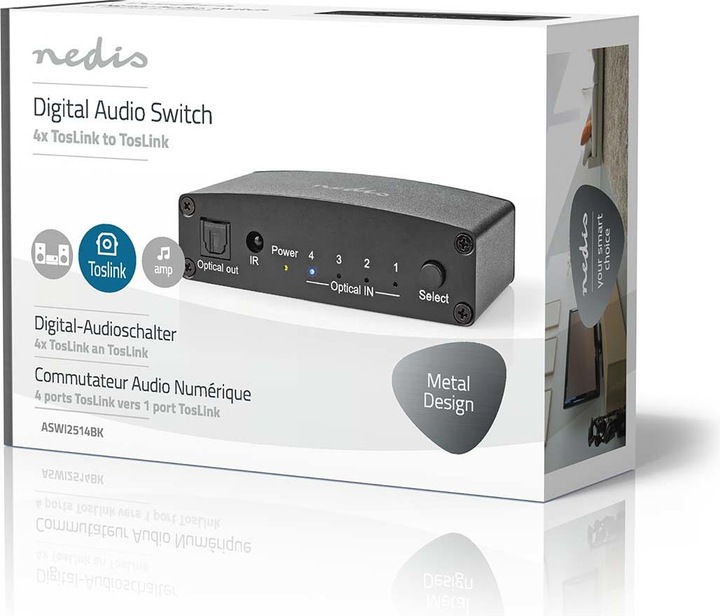 Immagine prodotto Nedis Commutatore audio digitale | 4 vie | Connettori - Ingresso: Alimentazione DC / 4x TosLink | (0.05 m)