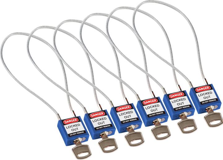 Produktbild Brady kompaktes Sicherheitsschloss Nylon mit Kabelbügel, Blau, 400mm Kabellänge, 4,7mm PVC-beschic