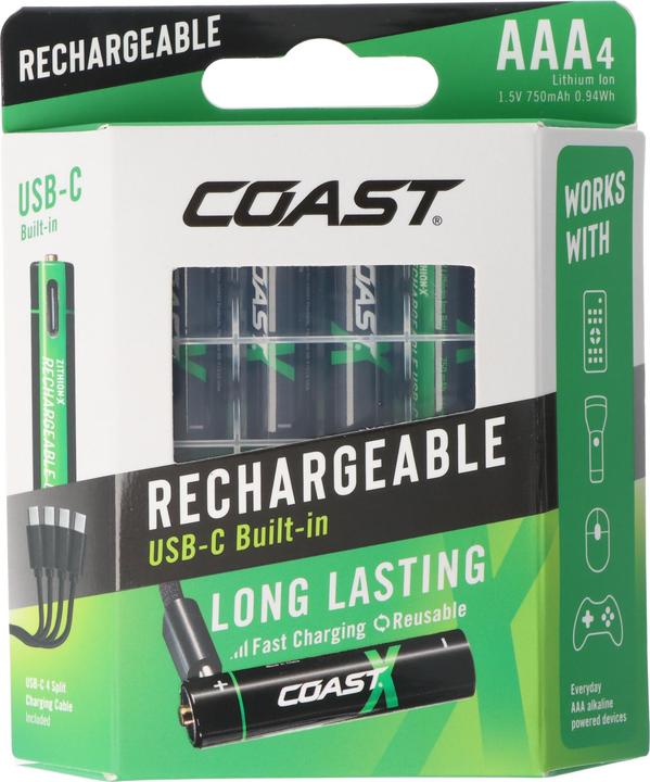 Produktbild Coast 750mAh Micro AAA 1,5V ZITHION-X® Lithium-Ionen Akkus, inkl. 4in1 USB-C Ladekabel (4 Stk., AAA / LR03 / Micro / R03 / AM4 / MN2400 / KR03, 750 mAh)