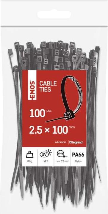 Produktbild Emos Kabelbinder 100×2,5, schwarz, 100 Stk (Kunststoffkabelbinder, 100 mm, 100 Stk.)