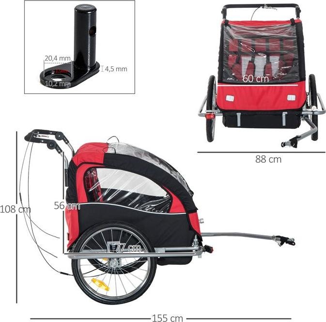 Produktbild Swisshandel24 Kinderanhänger für 2 Kinder Regenschutz atmungsaktiv Oxfordgewebe Rot 155x88x108cm