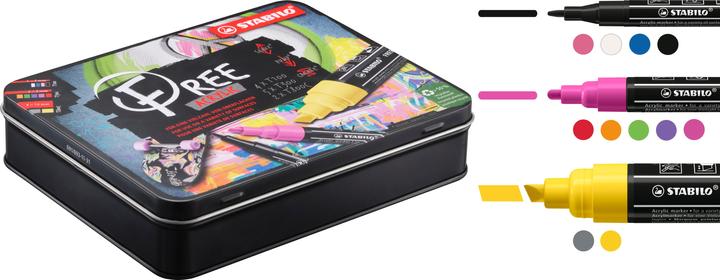 Produktbild STABILO FREE Acrylic Acrylmaker (Weiss, Karmin, Laubgrün, Orange, Gelb, Lila, taffy pink, Violett, Dunkelgrau, Schwarz, Dunkelblau, 10 mm, 11 x)
