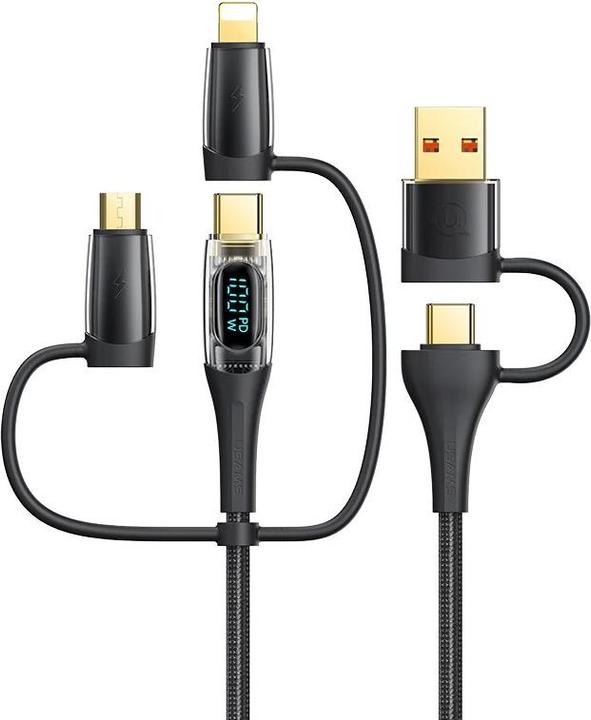 Actual product image Usams US-SJ626 PD100W A+C to C+L+M 6in1 Fast Charging & Data Cable - Shadow Series 2m - Black (2 m, 100 W)