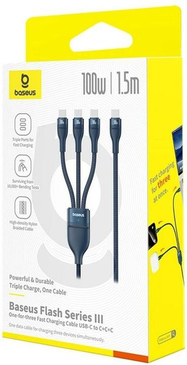Actual product image Baseus Flash Series Typ C auf C+C+C Schnellladekabel 480 Mbps Blau (1.50 m, 100 W)