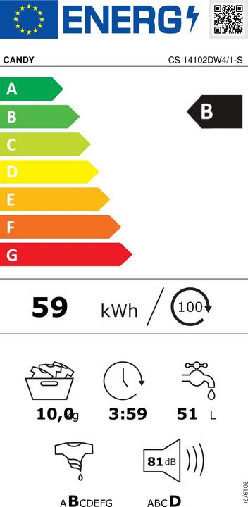 Energy Label Candy CS 14102DW4 1-S Front Loading Washing Machine (10 kg, Changeable)