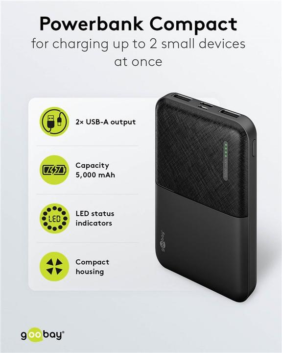 Image du produit Goobay Banque d'énergie compacte 5 000 mAh (5000 mAh, 10.50 W, 3.70 Wh)