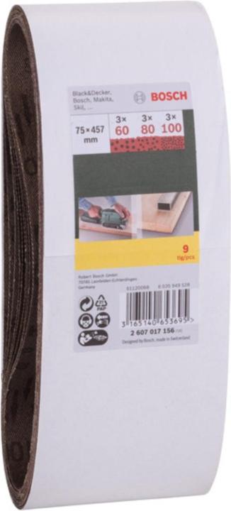 Produktbild Bosch Zubehör Schleifband-Set für Bandschleifer, 9-teilig, 75 x 457 mm, Körnung 60, 80, 100 (100, 60, 80)