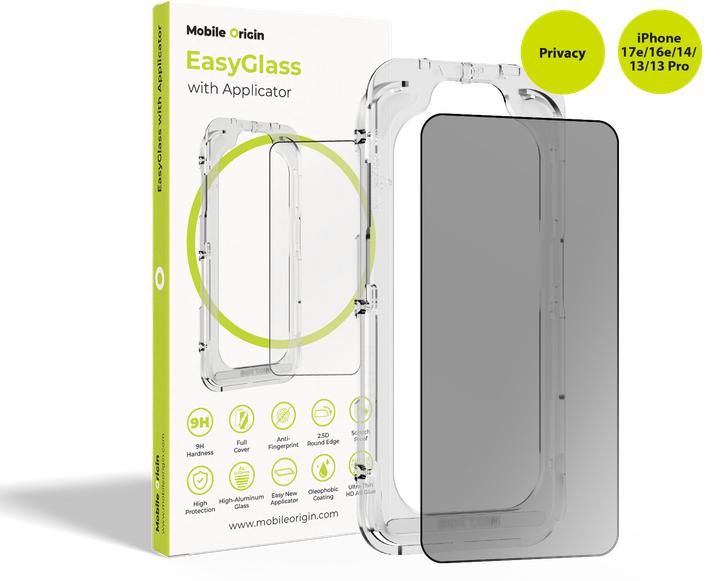 Mobile Origin EasyGlass Privacy with Applicator iPhone 17e/16e/14/13/13 Pro (Apple iPhone 13, Apple iPhone 13 Pro, Apple iPhone 14, Apple iPhone 16e, Apple iPhone 17e)