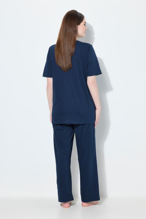Image du produit Ulla Popken Pyjama 2 pièces, pantalon + haut à fleurs avec broderie, décolleté rond et manches courtes (42, 44)