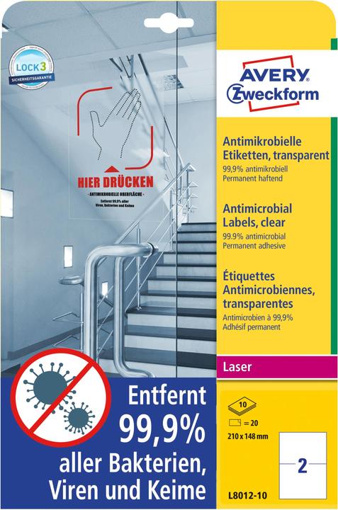 Productafbeelding Avery AVZ L8012-10 Antimicrobiële Etiketten 210x148mm transparant