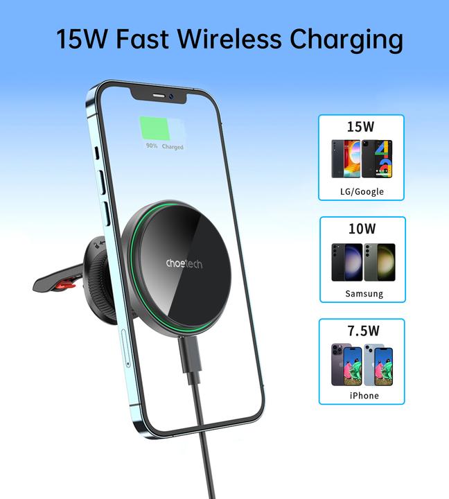 Actual product image Choetech T204-F magnetic car holder with 15W wireless charging - black