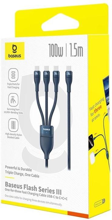 Actual product image Baseus Flash Series Typ C auf C+C+C Schnellladekabel 480 Mbps Blau (1.50 m, USB 2.0, 100 W)