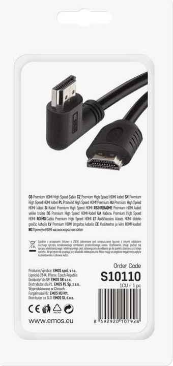 Produktbild Emos High Speed HDMI Kabel 2.0 A Stecker – A Stecker 90° 1,5m (1.50 m, HDMI)