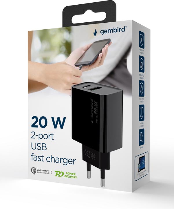 Immagine prodotto Gembird Caricatore Power Delivery USB-A USB-C Nero (20 W, 2 porte)