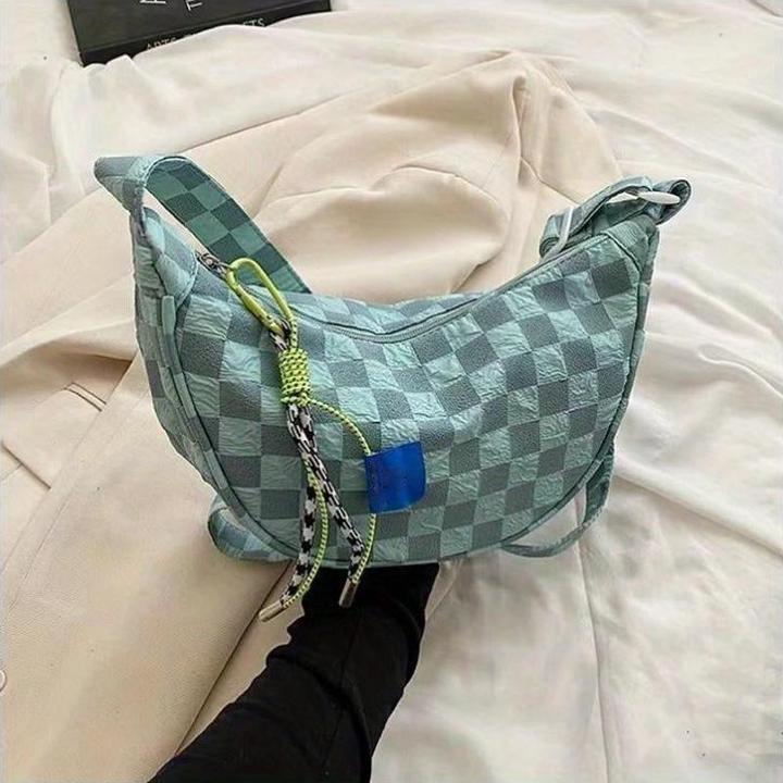 Actual product image Only-Bags.Store Chic plaid canvas crossbody bag - large capacity dumpling style with nylon lining & zip fastening