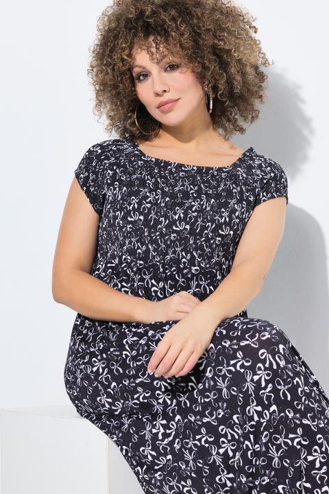 Image du produit Ulla Popken Robe smockée avec motif noeuds, décolleté carré et manches courtes, coupe évasée (60)